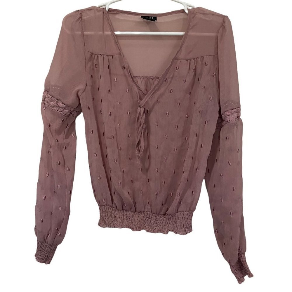 rue 21 Blouse Top Rose Pink Sheer Long‎ Sleeve Cinch Waist Size M